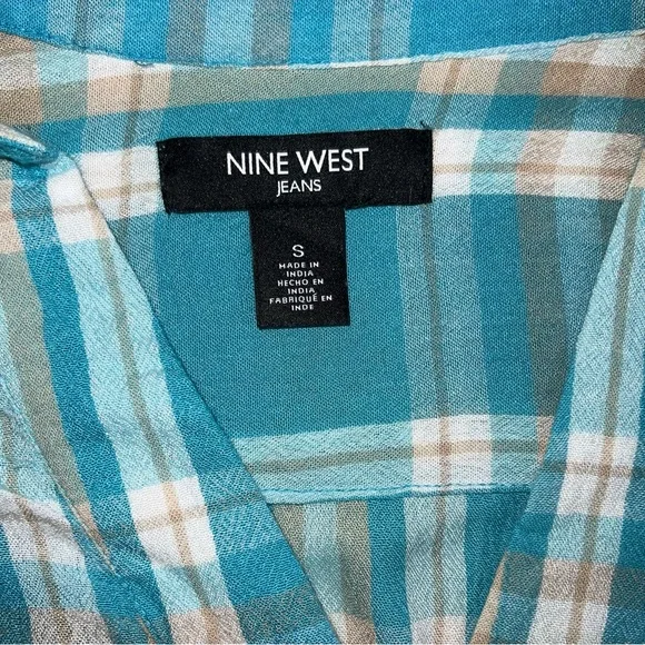 Nine West Blue and white Plaid Long Sleeves Loose Fit Lightweight Blouse Small - Picture 6 of 7